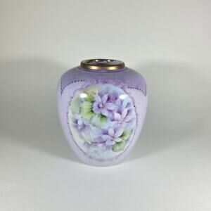Hand-Painted Floral Porcelain Vase Lavender Tone Gold Rim 4.25"